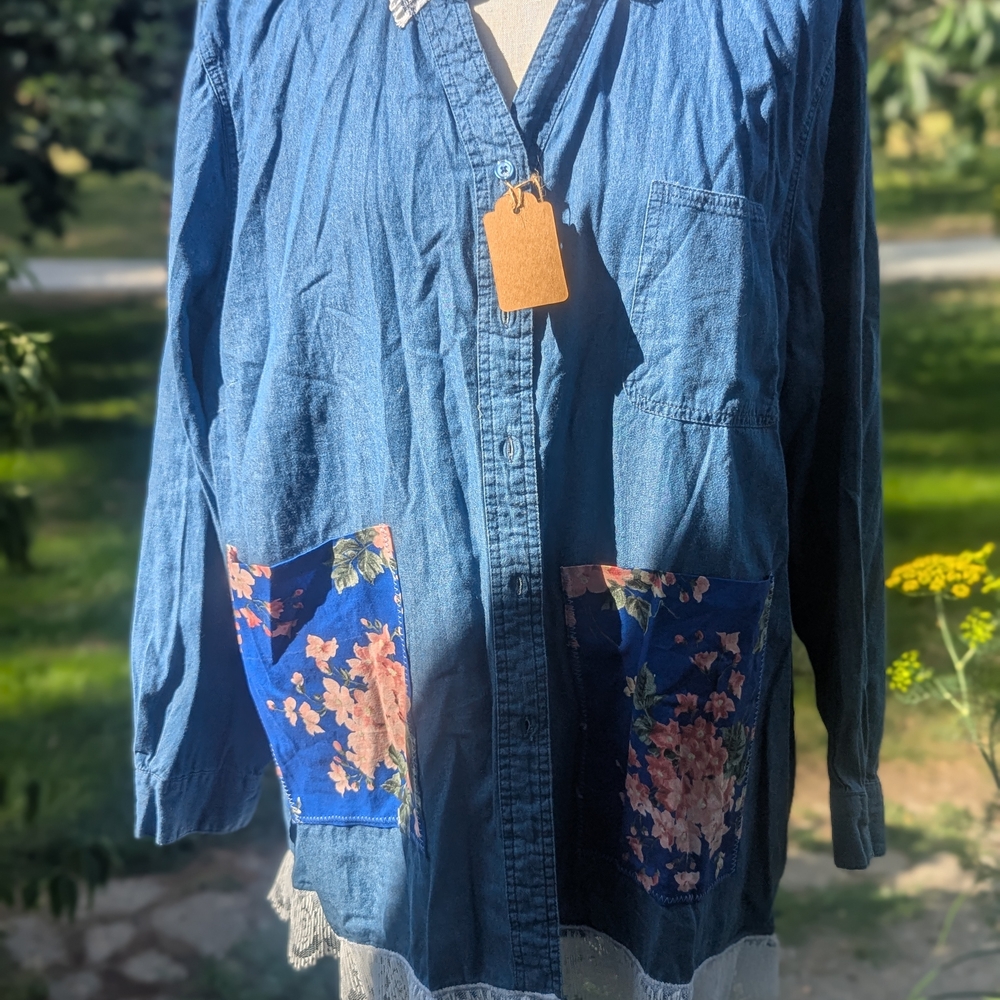 Jessica London Blue Button Down Shirt with Floral Accents